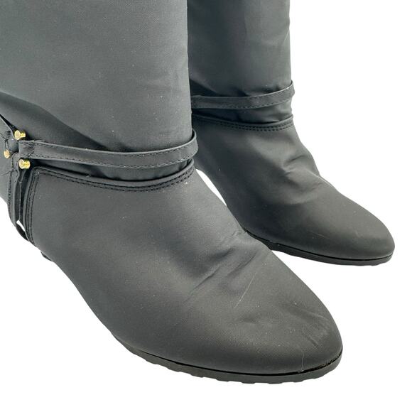 R.O.C. Vintage Black Nylon Mid Calf Faux Fur Pointed Toe Cone Heel Pull On Boots - Picture 5 of 12